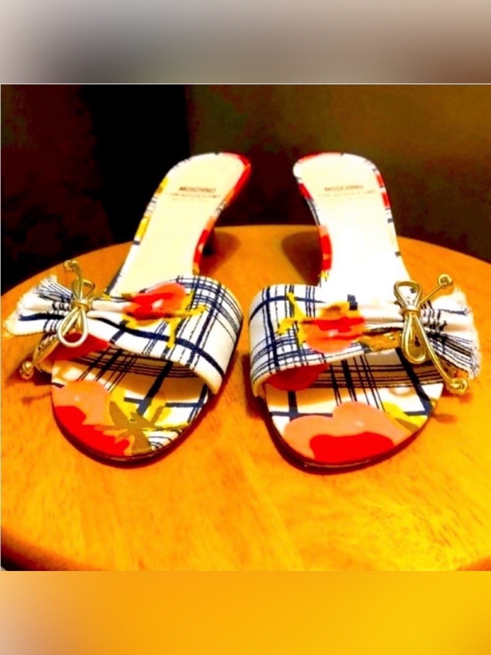 Authentic Moschino White Plaid Floral Slide Mules with Gold Bow Accent size 39